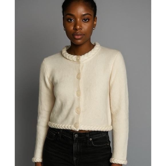 David Brooks Lamb Wool Angora Rabbit Hair Blend Cream Braided Cream Cardigan S - Picture 1 of 13